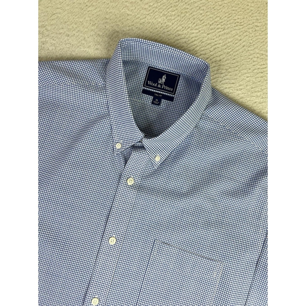 Wool & Prince Dress Shirt Mens XLT Blue Gingham Tall 100% Wool Button Down LS